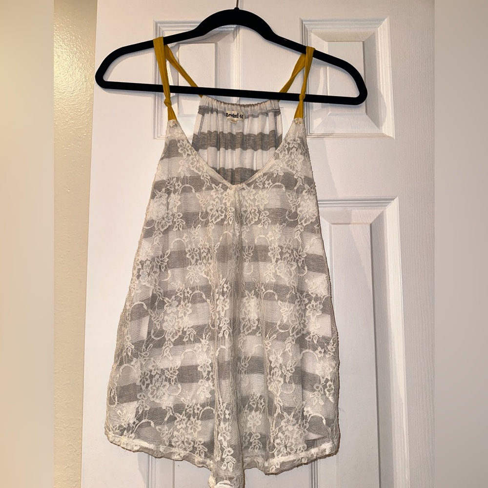 Grey and white striped tank with lace overlay on the front, yellow straps